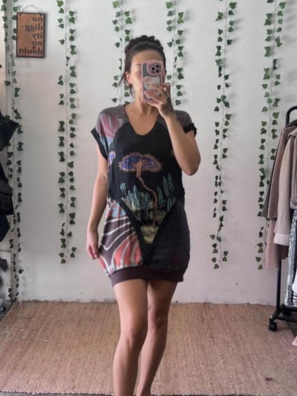 Custo Barcelona mushroom abstract print silk and wool tshirt dress size M